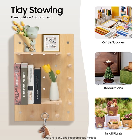 22lbs Wooden Pegboard Combination Wall Organizer Kit, Modular Display Pegboard Panel, Hanging Peg Board Panel