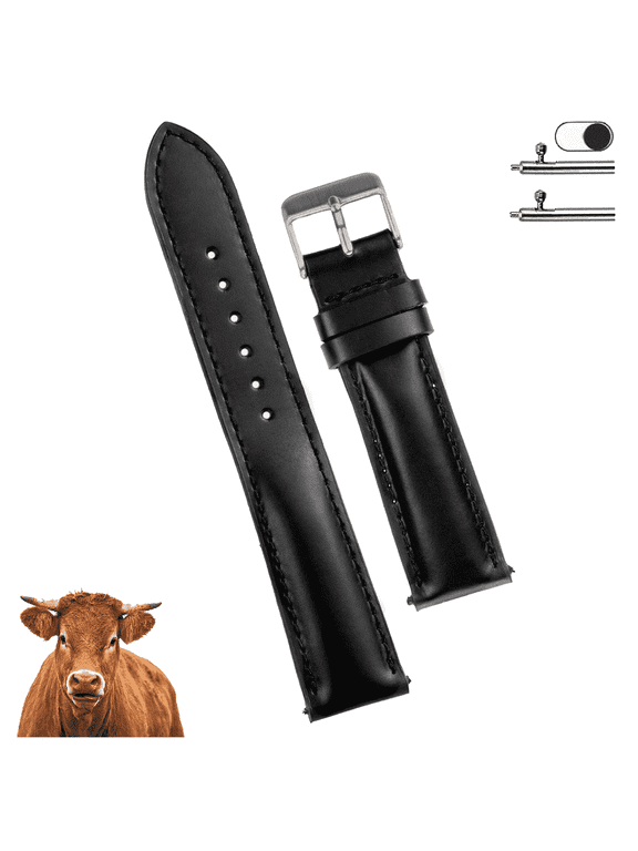 22mm Black Leather Watch Band Men Quick Release Replacement Strap Soft Handmade Wristband Stainless Steel Buckle, Vintage Gift for Father's Day Dad Son Husband DH-201-22MM