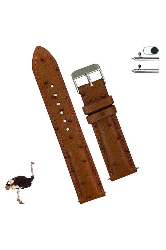 22mm Brown Ostrich Watch Band Men Quick Release Replacement Leather Strap Extra Soft Handmade Wristband Stainless Steel Buckle Father's Day Gift for Dad Son Husband