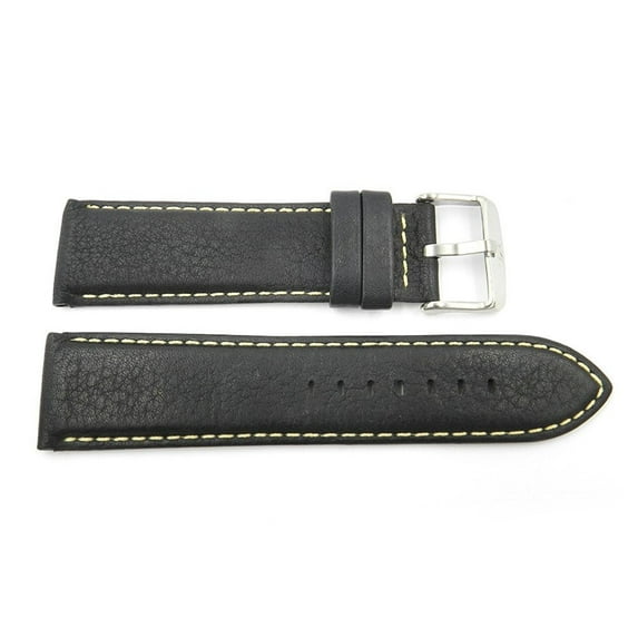 22mm Bull Skin Genuine Leather Black with Contrast Stitching Watch Band