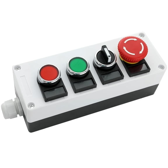 22mm Cotrol Statio Box Set – Mometary Push Butto Switches (Red & Gree), 2-Positio Switch & Emergecy Stop Butto