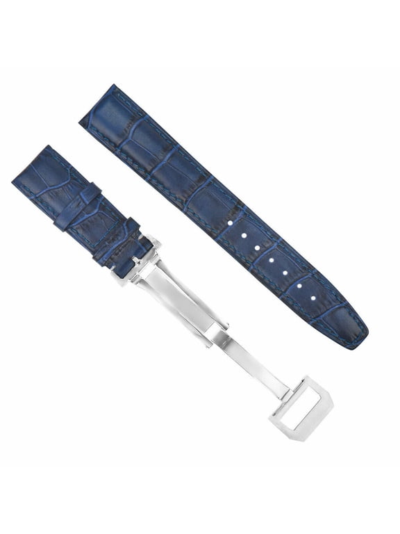 22mm REPLACEMENT LEATHER WATCH BAND STRAP, Blue, Polished Silver Buckle, Compatible With IWC PILOT PORTUGUESE TOP GUN
