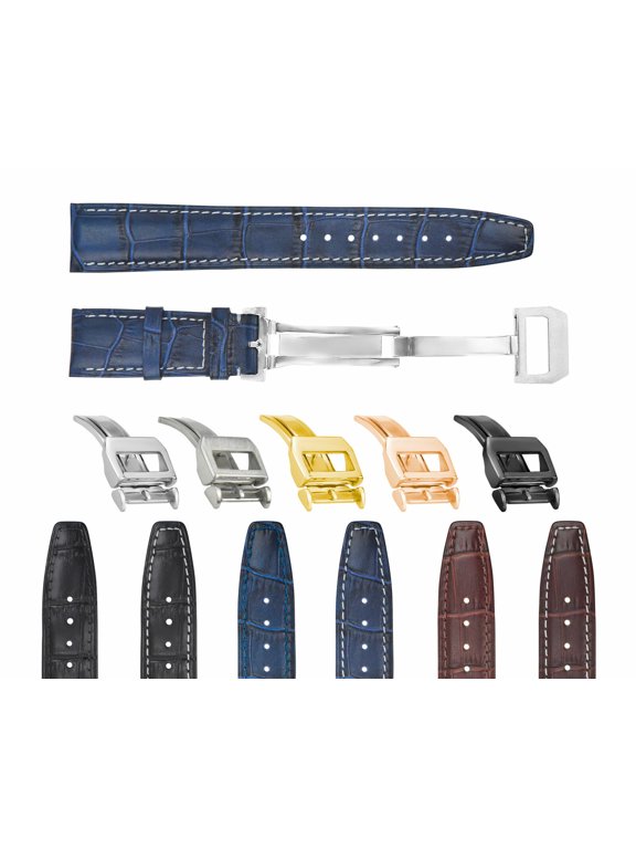 22mm REPLACEMENT LEATHER WATCH BAND STRAP, Blue with White Stitching, Rose Gold Buckle, Compatible With IWC PILOT PORTUGUESE TOP GUN
