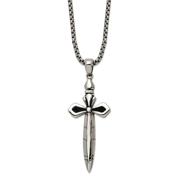 22mm Stainless Steel Oxidized and Polished Religious Faith Cross Sword Pendant a Box Chain Necklace 24 Inch Chain Neckla
