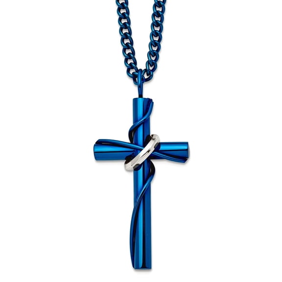 22mm Stainless Steel Polished Blue Ip Plated Religious Faith Cross With Moveable Ring Pendant a Curb Chain Necklace 24 I