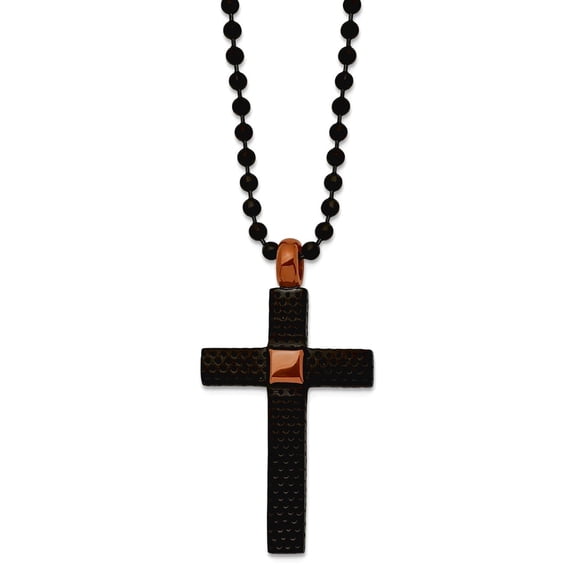 22mm Stainless Steel Polished and Textured Black And Brown Ip Plated Religious Faith Cross Pendant a Ball Chain Necklace