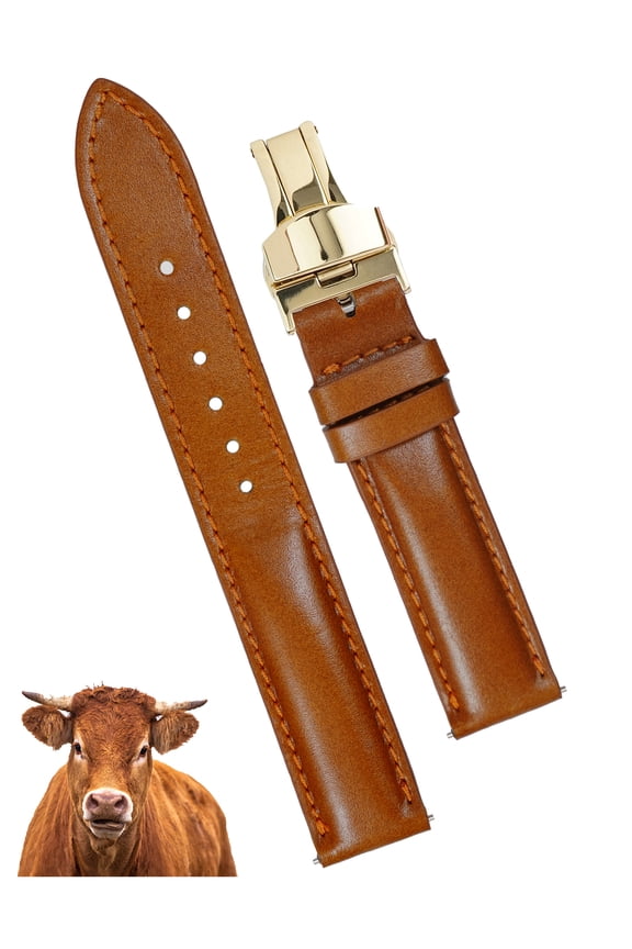 22mm Tan Brown Leather Watch Band Men Deployment Clasp Watch Strap Soft Handmade Wristband Quick Release Replacement Butterfly Buckle, Vintage Gift for Father's Day Dad Son Husband
