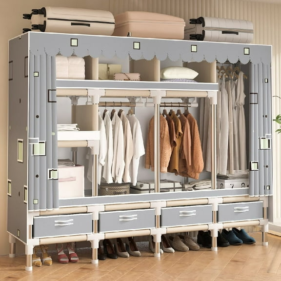 22mm Thick Galvanized Steel Rust -78.74Inch Portable Wardrobe Closet, 5Storage Spaces with 3Hanging Rods,4 Drawers，Steel Frame Fabric Organizer, Easy Assembly and Dust Resistant Design, Brown