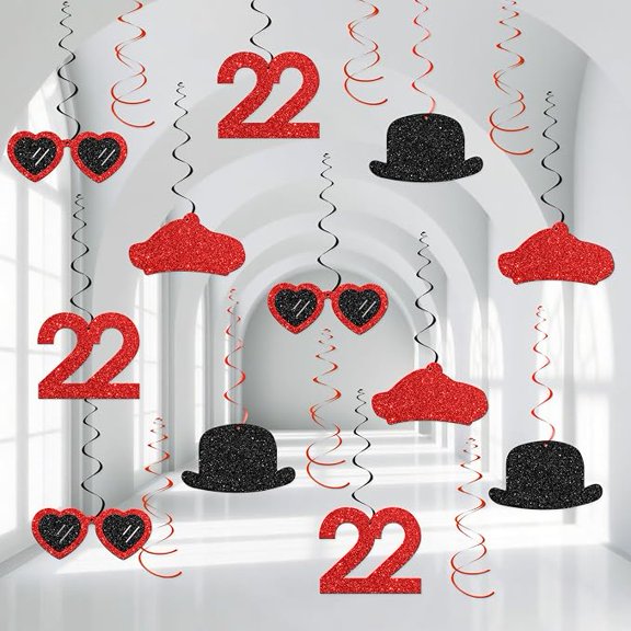 22nd Birthday Hanging Swirls Black Red Glitter Ceiling Decorations
