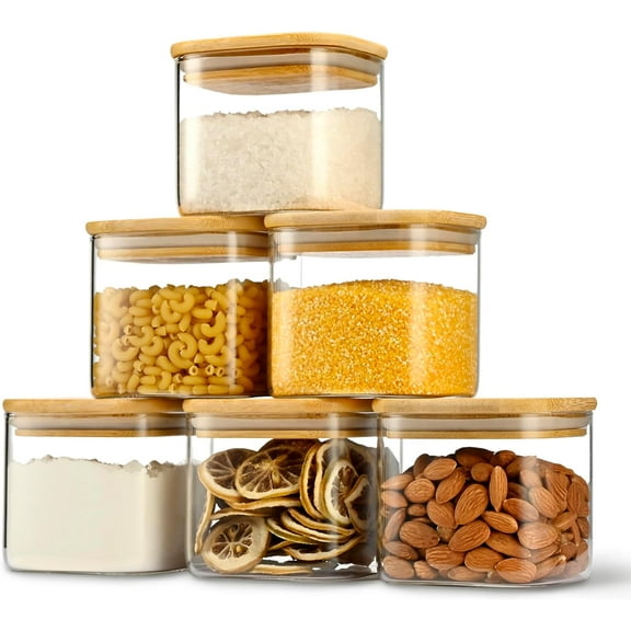22oz Airtight Square Spice Containers with Bamboo Lid Set of 6 (650ml) Kitchen Pantry Organization Jar Stackable Spice Jar, for Sugar, Tea, Cookies and Coffee beans (with Black Lable)