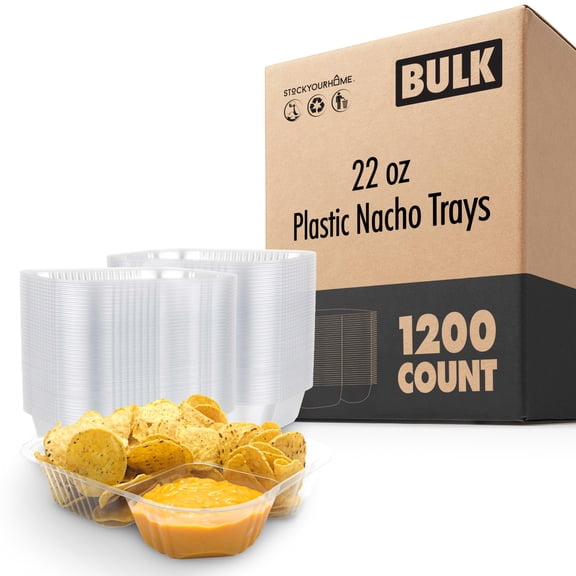 22oz Plastic Nacho Trays (1200 Pack) Large Disposable Tray for Nachos & Cheese Dip, Concession Stand Supplies, Movie Night Snacks for Kids, Carnival Party Decorations, Food Boats, Snack Containers