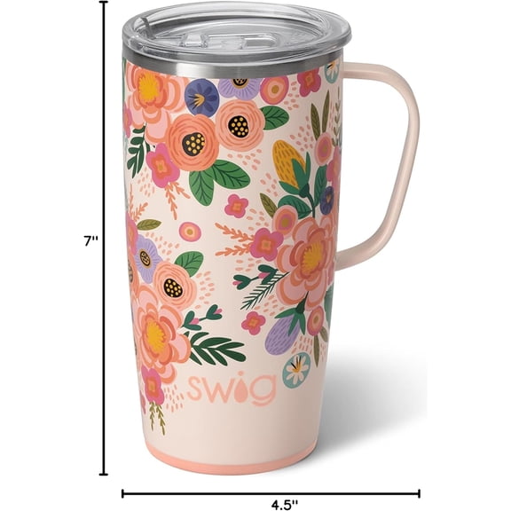 22oz Travel Mug with Handle, Insulated Stainless Steel Tumbler for Coffee and Water, Cup Holder Friendly, Dishwasher Safe, Floral Design (Full Bloom)