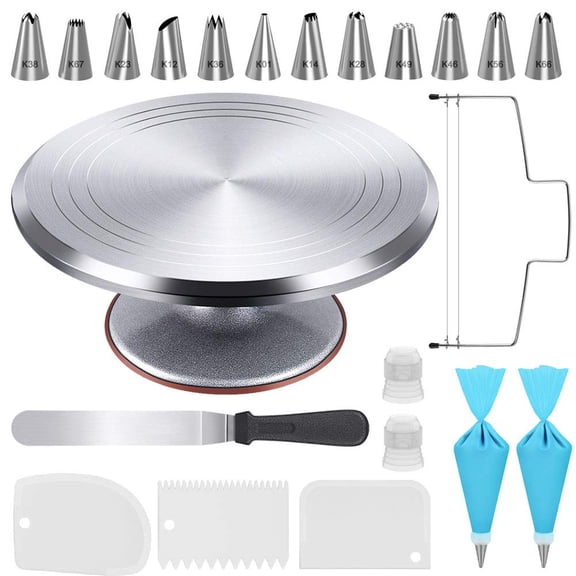 22pc Cake Decorating Supplies Kit, Baking Tools with Turntable, Piping Bags and Tips, Spatula, Leveler, Scrapers
