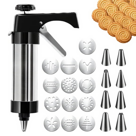 22pc Cookie Press Maker Set with 13 Discs and 8 Piping Tips for Baking Biscuits and Decorating