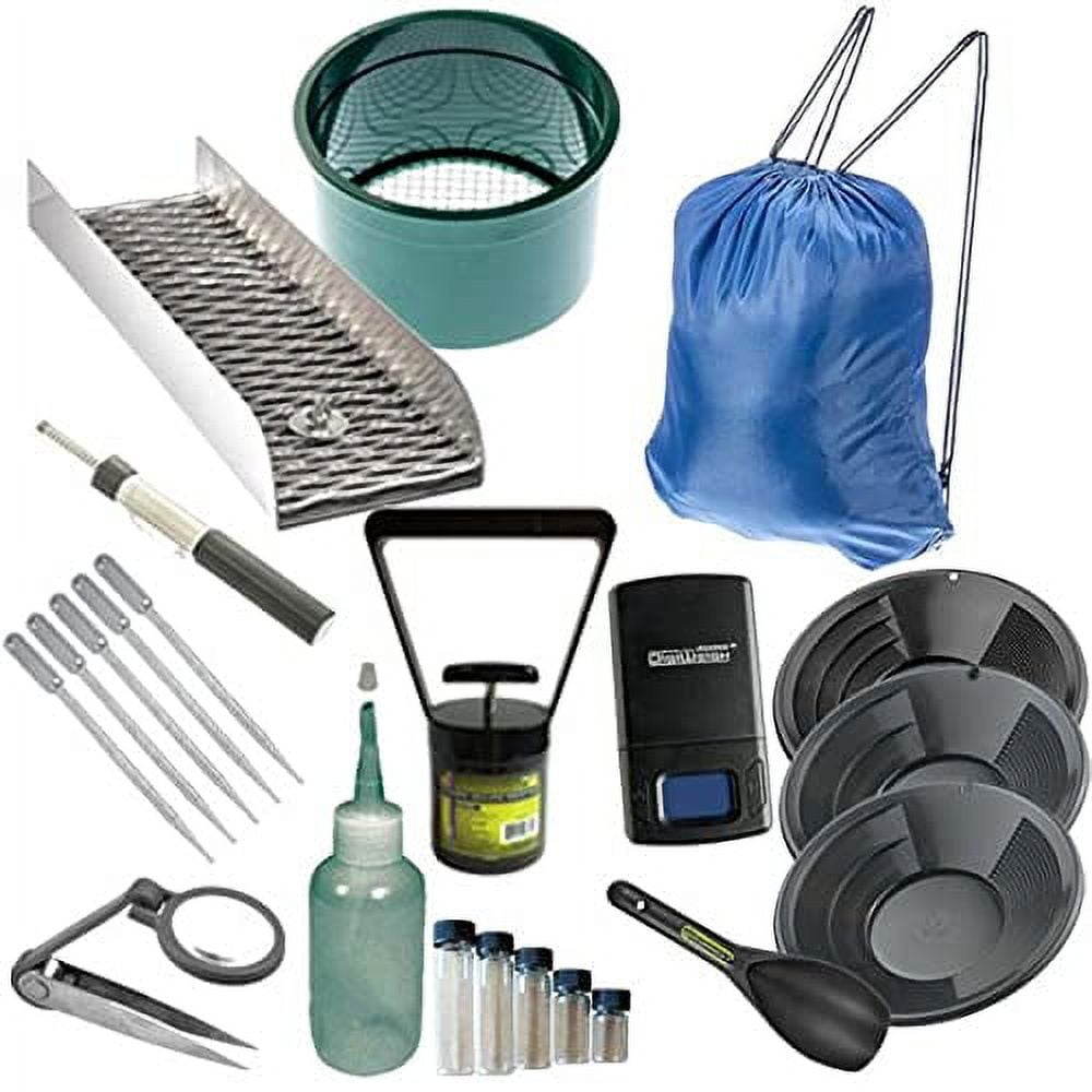 22pc Gold Panning Kit 12" 10" 8" Black Gold Pans Mini Sluice Box & Gold