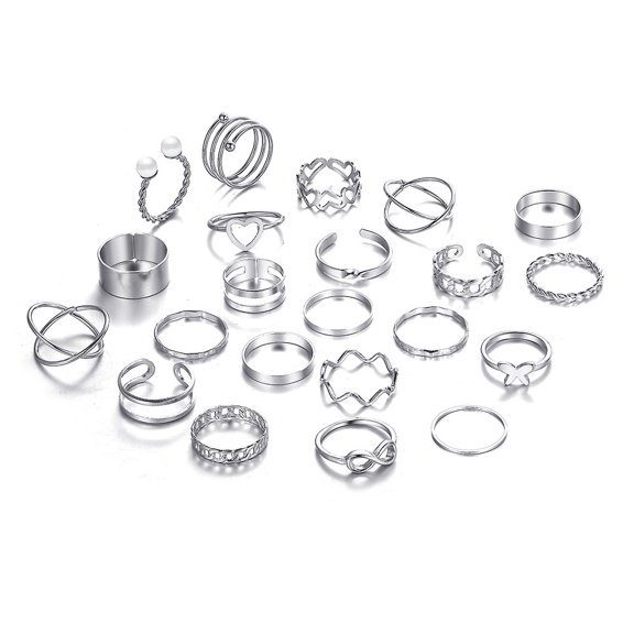 22pcs 22 style Heart Butterfly Criss Wave Alloy Finger Rings set Imitation Pearl Stackable Rings for Women Platinum Inner Diameter: 14.5-18mm