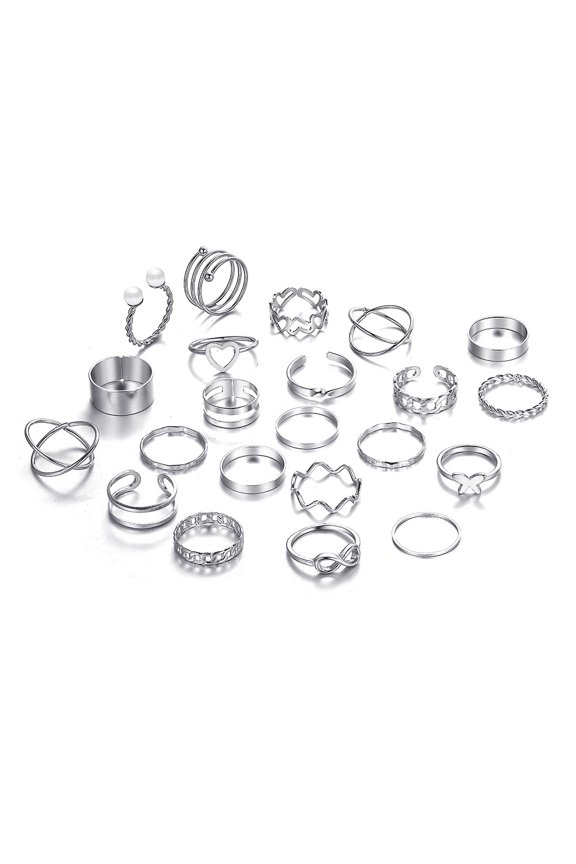22pcs 22 style Heart Butterfly Criss Wave Alloy Finger Rings set Imitation Pearl Stackable Rings for Women Platinum Inner Diameter: 14.5-18mm