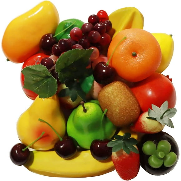 22pcs Artificial Fruit Fake Mango Lemon Banana Carambola Grape Apple Peach Orange Pomegranate Pear Kiwi Bamboo Strawberry Cherry Decoration Festival Display Photography Props Party