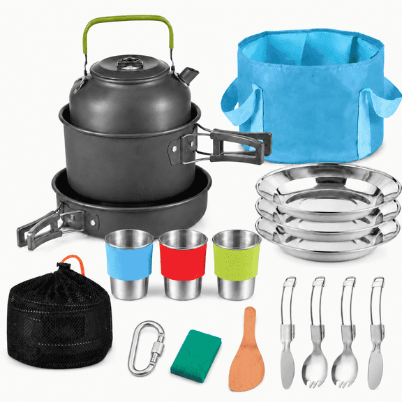 22pcs Camping Cookware Mess Kit, Camping Pot and Pan Cooking Set Outdoor Camping Hiking Backpacking Cooking and Picnic
