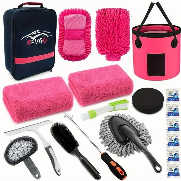22pcs Car Wash Cleaning Tools Kit Car Detailing Set with Blue Canvas Bag Collapsible Bucket Wash Mitt Sponge Towels Tire Brush Window Scraper Duster Complete Interior Car Care Kit