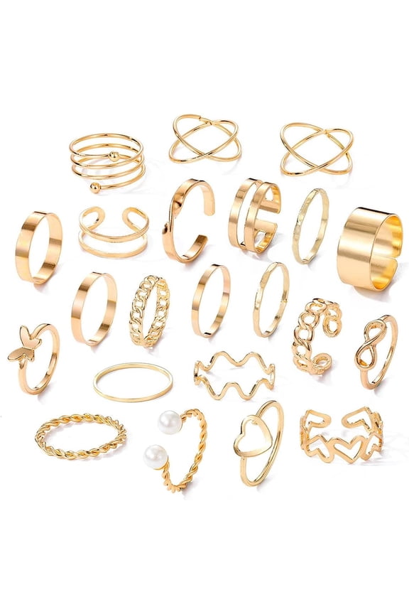 22pcs Gold Knuckle Rings Set - Boho Stackable Heart Pearl Butterfly Vintage Open Adjustable Statement Rings for Women - Jewelry Gifts
