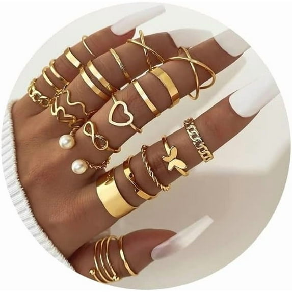 22pcs Gold Knuckle Rings Set - Boho Stackable Heart Pearl Butterfly Vintage Open Adjustable Statement Rings for Women - Jewelry Gifts