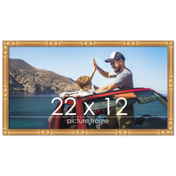 22x12 Gold Thin Bamboo Picture Frame - UV Acrylic, Foam Board Backing, Hanging Hardware