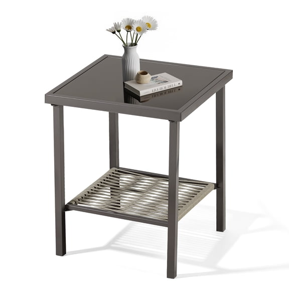 22x18x18 Inch Outdoor Patio Side Table, All Weather Wicker Rattan End Table with 2-Tier Storage Shelf, Powder-Coated Steel Frame for Pool, Porch, Deck, Balcony, Backyard, Dark Gray