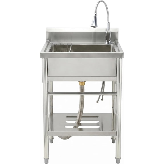 22x20x39 In Freestanding Stainless Steel Utility Sink with Hot and Cold Faucet Storage Shelf Drain Rack and Adjustable Legs