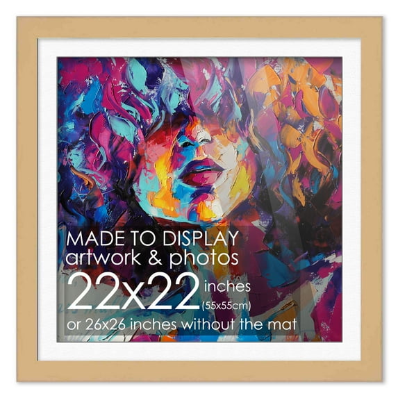 22x22 Frame Natural With White Picture Mat For 22x22 Print - Or 26x26 Art Without the Photo Mat -