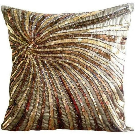 22x22 inch (55x55 cm) Cushion Cover, Brown Cushion Cover, Sequins Beaded Spiral Glitter Pillow Cover, Art Silk Square Pillow Cases, Pillow Cases, Modern, Abstract - Gold Bloom