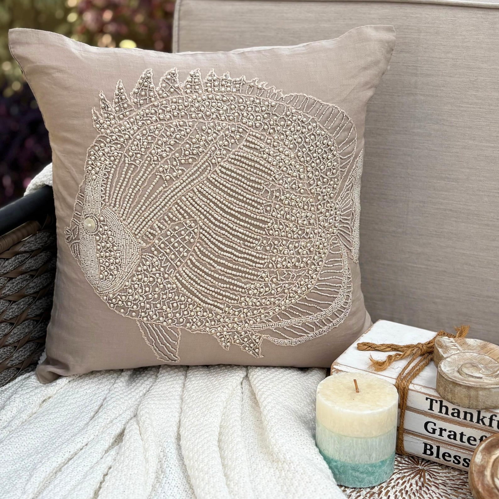 22x22 inch (55x55 cm) Throw Pillow Cover, Mocha Pillow case, Beaded Fish Sea Creatures Ocean Beach Pillow Cover, Cotton Linen Square Pillowcase, Floral Mediterranean - Butterfly Fish