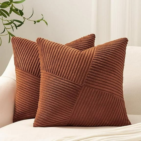 22x22 inches Terracotta Euro Pillow Shams Set of 2 Corduroy Decorative Throw Pillow Covers for Bedroom Living Room, Windmill Textured Striped Patchwork Couch Pillow Covers 55x55 cm