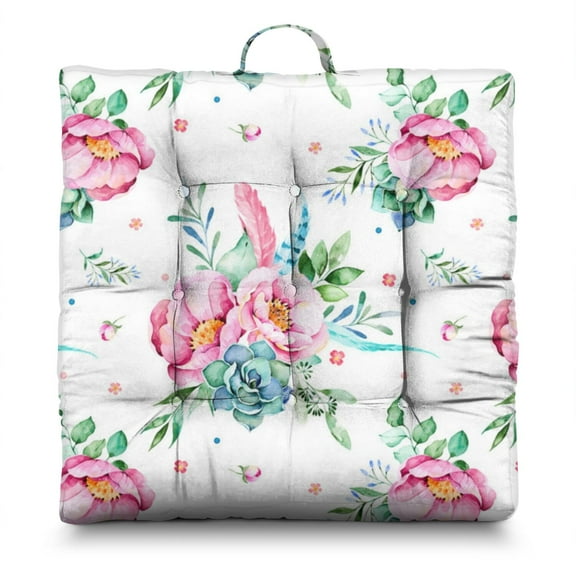 22x22in Square Meditation Cushion - Floral Velvet Floor Pillow for Kids Adults, Pets Sleep Mat Gym Yoga Seat Cushion with Handle, Perfect for Home Bedroom Livingroom, Office, School Sitting