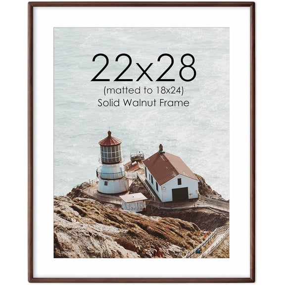 22x28 Frame with Mat to 18x24 Solid Walnut Wood Picture Frames Handcrafted Rounded Corner with HD Tempered Glass Tabletop or Wall Mount Display, 1 Pack