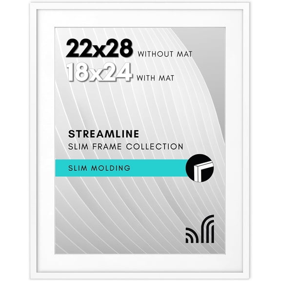 22x28 Poster Frame with Polished Plexiglass - Use as 18x24 Frame with Mat or Display 22x28 Photo Without Mat - Streamline Collection - Thin Border Picture Frames for Wall - White