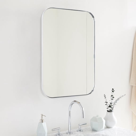 22x30'' Chrome Rounded Rectangle Bathroom  Wall Mirror Stainless Steel Metal Framed Rectangular Bathroom Mirror, Vertical and Horizontal