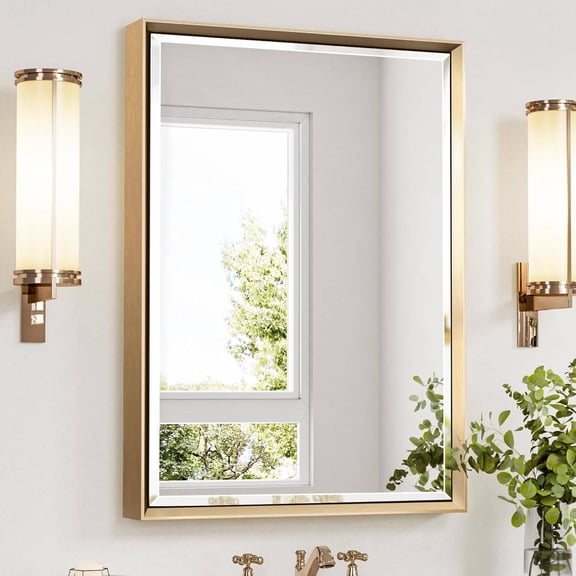 22x30 Inch Beveled Edge Rectangle Bathroom Mirror with Brushed Gold Metal Frame, Rust-Resistant Wall Mirror for Vertical or Horizontal Mounting