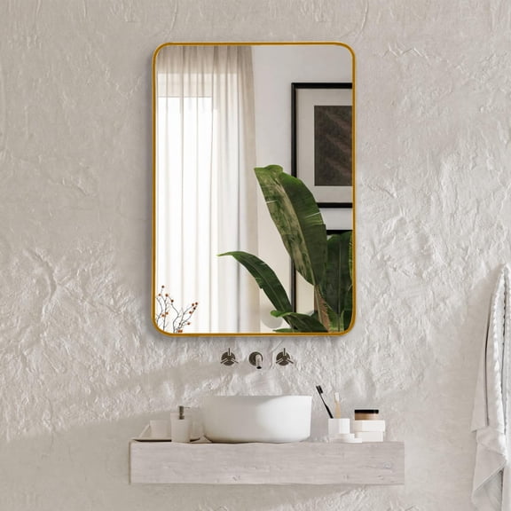 22x30 Inch Gold Metal Rectangular Bathroom Mirror Wall-Mounted Modern Bath Decor