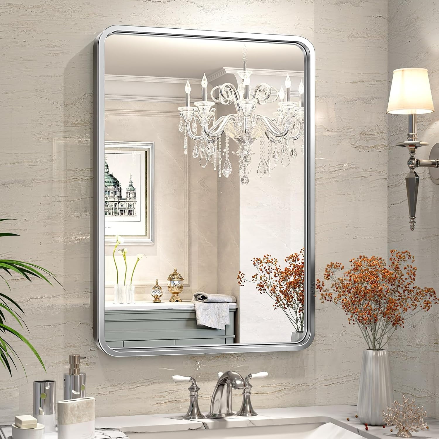 22x30 Inch Rectangular Metal Framed Bathroom Mirror, Silver Wall ...