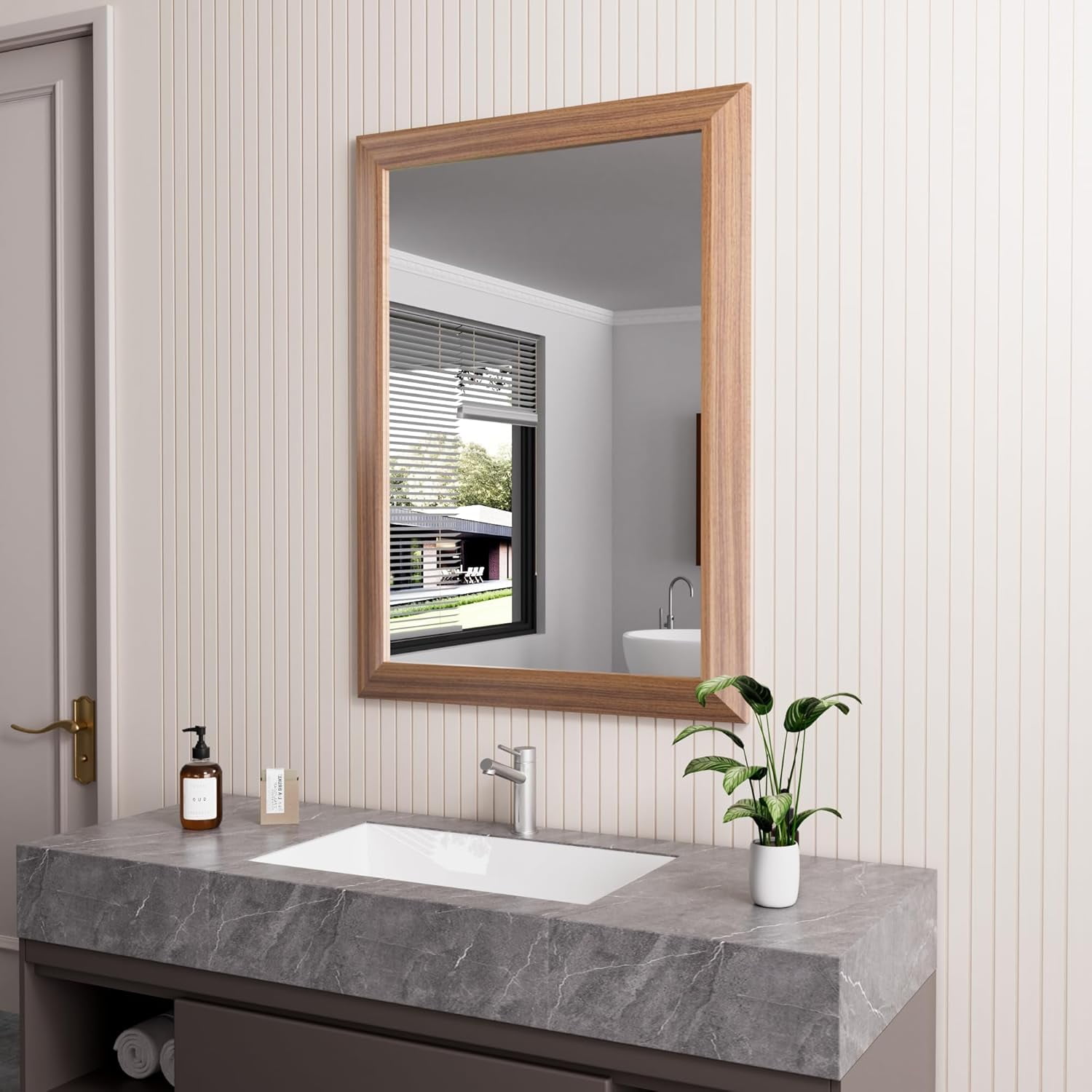 22x30 Inch Wall Mirror, Bathroom Mirror with Walnut Wood Grain Metal ...