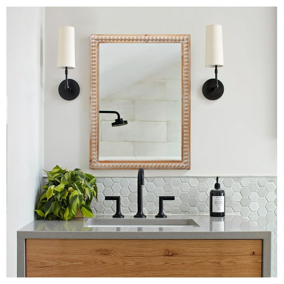 22x30 Wood Framed Bathroom Mirror, Farmhouse Wall Mirror Rectangle for Vanity - Horizontal/Vertical, Beaded Wood Frame, Modern Minimalist Wall Mounted Mirror