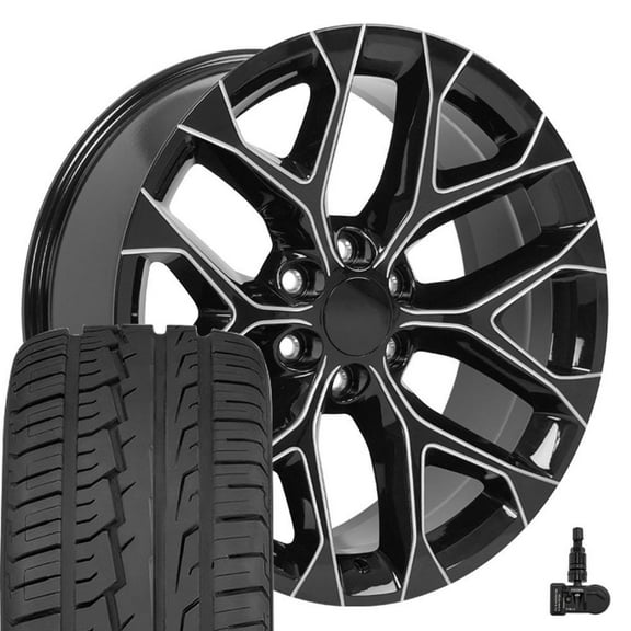OE Wheels CV98 22 Inch Rims and Tires Fit Silverado 1500 Snowflake Style 6x139.7 22x9 Gloss Black with Milled Edge - Hollander 5668 - iMove Gen 2 SUV 285/45-22 (Set of 4)