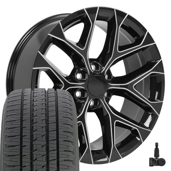 OE Wheels CV98 22 Inch Rims and Tires Fit Silverado 1500 Snowflake Style 6x139.7 22x9 Gloss Black with Milled Edge - Hollander 5668 - Dueler H/L Alenza 285/45-22 (Set of 4)