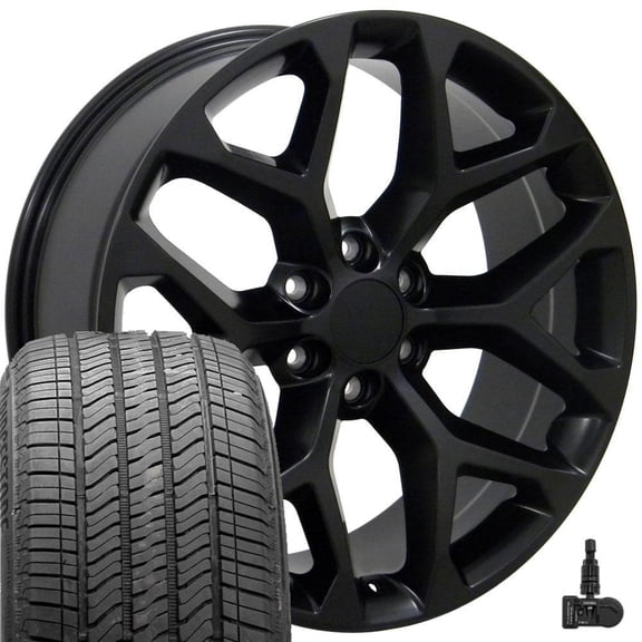 OE Wheels CV98 22 Inch Rims and Tires Fit Silverado 1500 Snowflake Style 6x139.7 22x9 Satin Black - Hollander 5668 - Alenza A/S 02 275/50-22 (Set of 4)