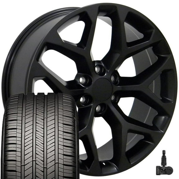 OE Wheels CV98 22 Inch Rims and Tires Fit Silverado 1500 Snowflake Style 6x139.7 22x9 Satin Black - Hollander 5668 - Eagle Touring 285/45-22 (Set of 4)