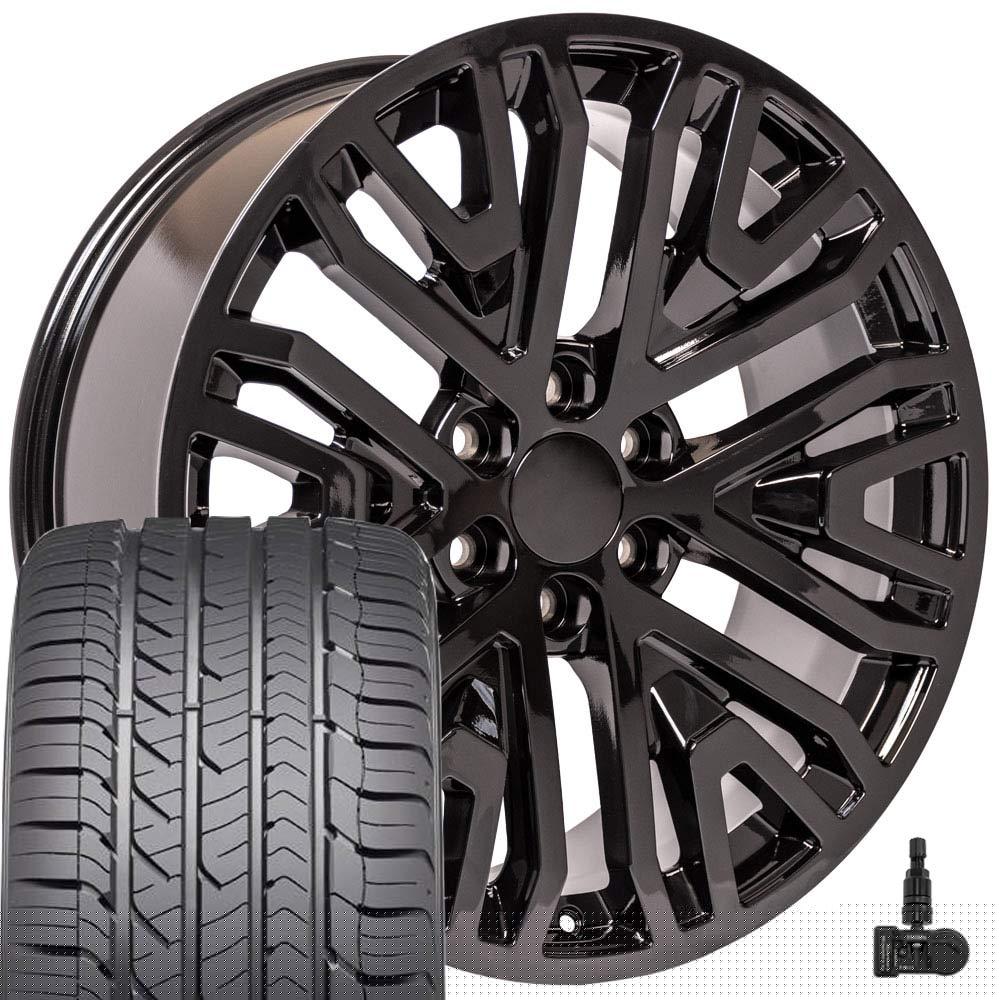 Set(4) OE Wheels CV37 22x9 Gloss Black Rims, Goodyear Sport Tires & TPMS