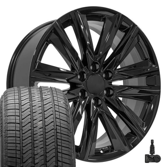 OE Wheels CA91 22 Inch Rims and Tires Fit Escalade Sport Style 6x139.7 22x9 Gloss Black - Hollander 4869 - Alenza A/S 02 275/50-22 (Set of 4)
