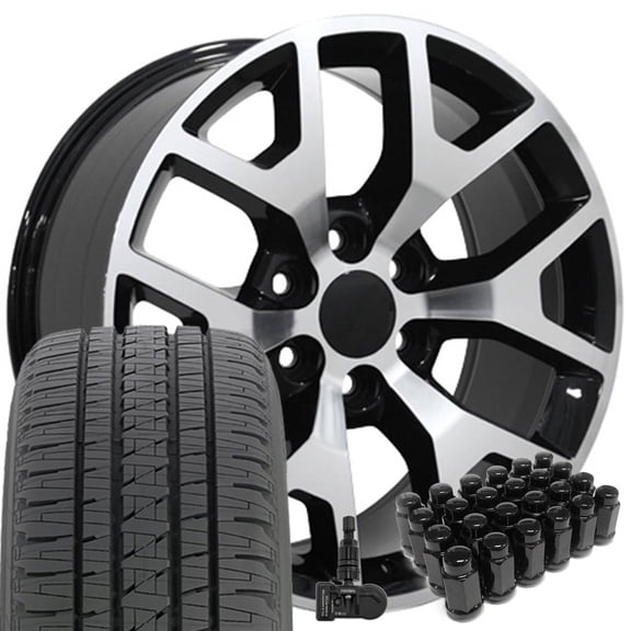 22x9 Black Machined 5656 Wheels Bridgestone Tires TPMS Lugs Set 6x5.5 +31ET