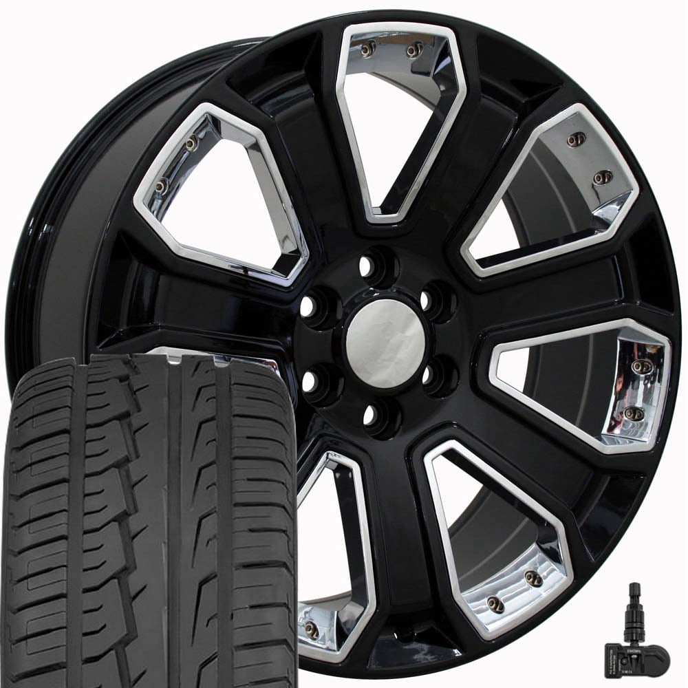 22x9 inch Black 5660 Wheels 285/45R22 Tires & TPMS SET Fits GMC Chevy ...
